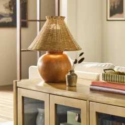 Wood Base With Rattan Shade Accent Table Lamp - Hearth & Hand⢠With Magnolia