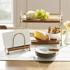 Tiered Wood & Brass Rectangular Serving Stand - Hearth & Hand⢠With Magnolia: Elegant Farmhouse Style Display