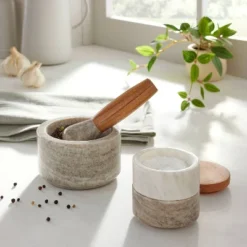 2pc Marble & Wood Mortar And Pestle Set Warm Gray - Hearth & Hand™ With Magnolia