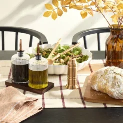 Oil & Vinegar Ribbed Glass Bottle Set With Wood Base - Hearth & Hand⢠With Magnolia