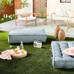 52"x24"x6" Rib Stripe Woven Chambray French-Style Indoor/Outdoor Floor Cushion Blue - Hearth & Hand⢠With Magnolia